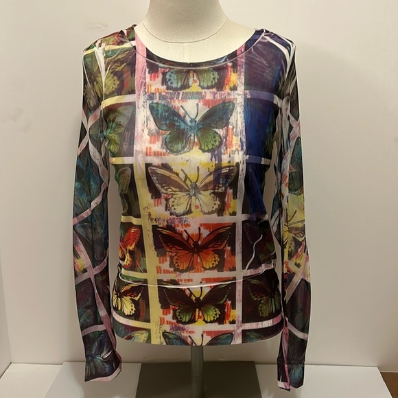 One World Purple Multi Semi- Sheer Butterfly Long Sleeve Top - Picture 1 of 7